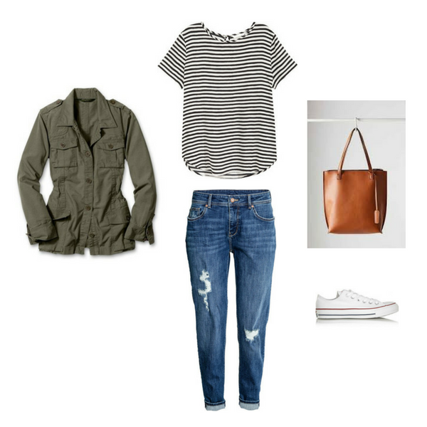 slim boyfriend jeans, utility jacket, converse sneakers, striped tee