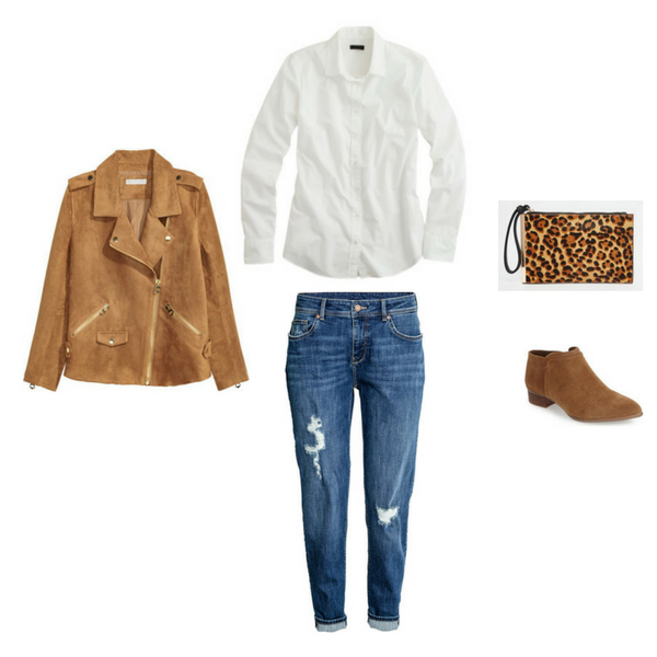 slim boyfriend jeans, suede jacket, white shirt, leopard clutch, brown booties