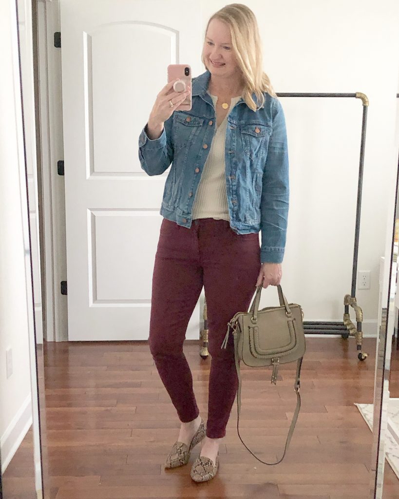 Instagram-Outfits-October-2019-thermal-top-denim-jacket-burgundy-jeans-snake-flats