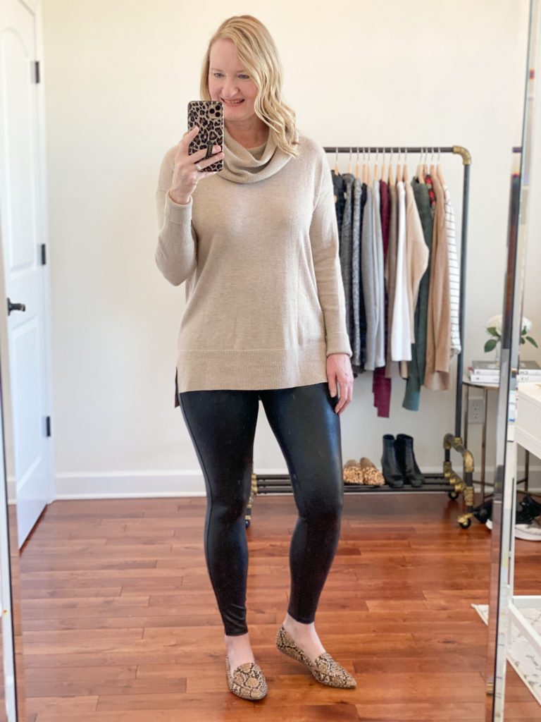 6-Ways-To-Wear-Faux-Leather-Leggings-cowl-neck-sweater-snake-pattern-loafers