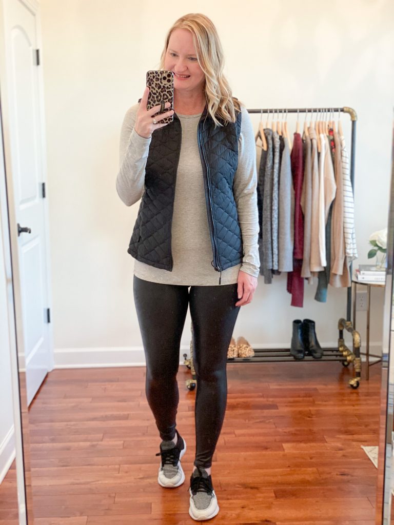6-Ways-To-Wear-Faux-Leather-Leggings-gray-tee-vest-athletic-sneakers