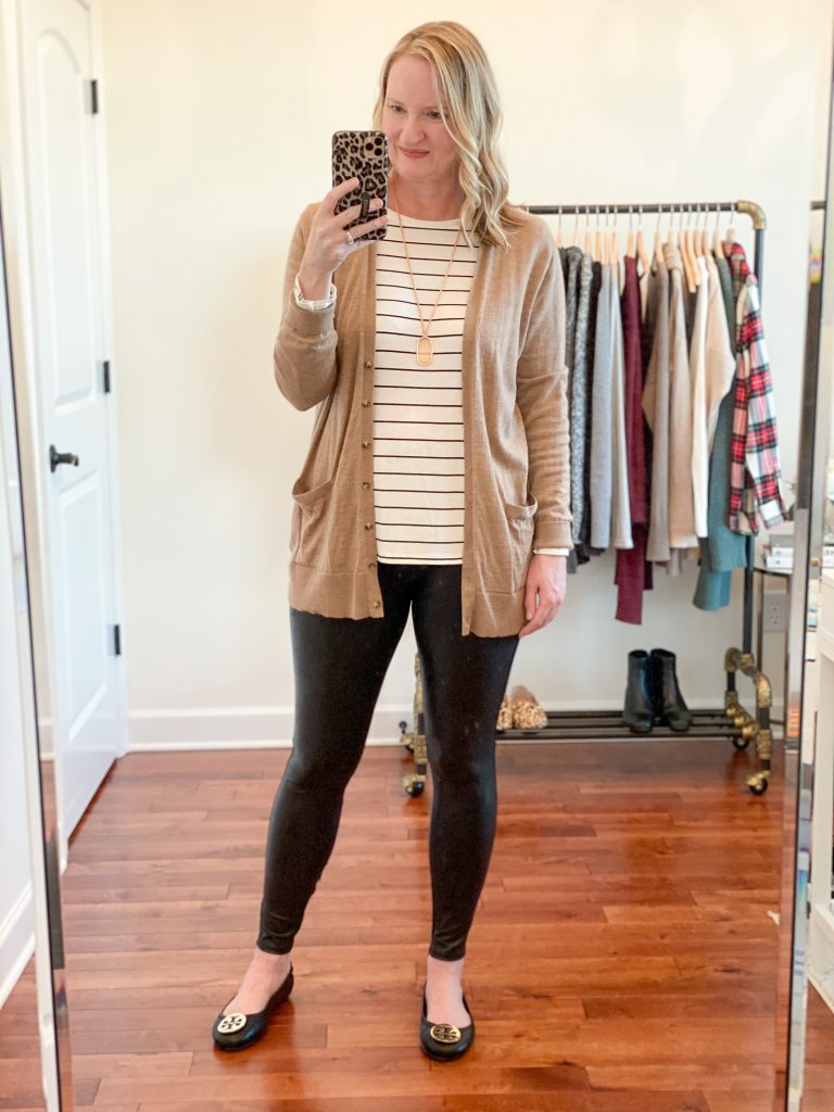 6-Ways-To-Wear-Faux-Leather-Leggings-striped-tee-cardigan-ballet-flats