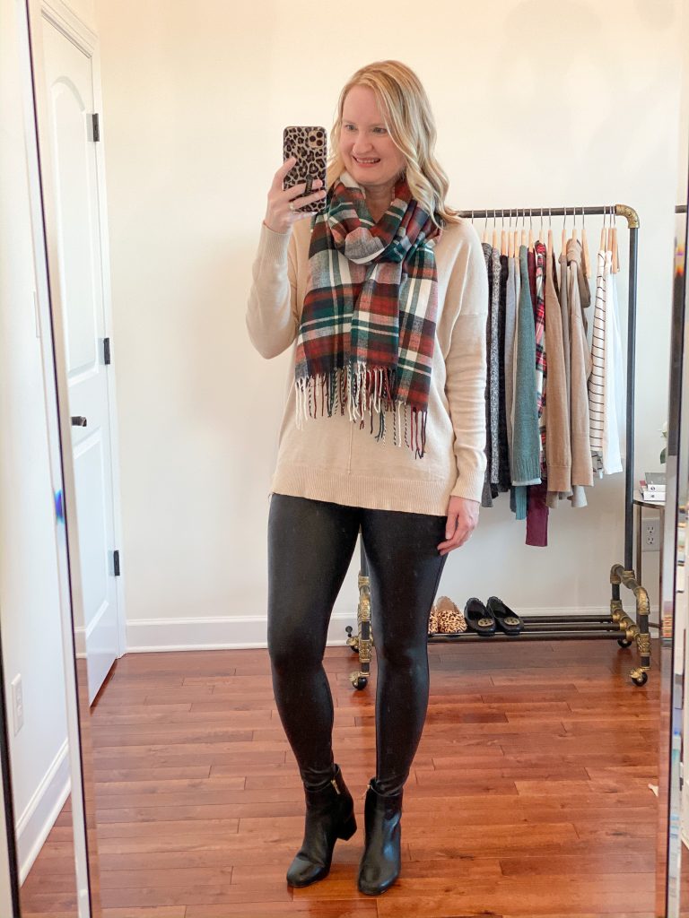 6-Ways-To-Wear-Faux-Leather-Leggings-v-neck-sweater-scarf-ankle-boots