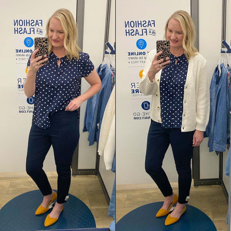 Old-Navy-Try-On-Spring-2020-navy-dot-top-pixie-pants-ivory-cardigan