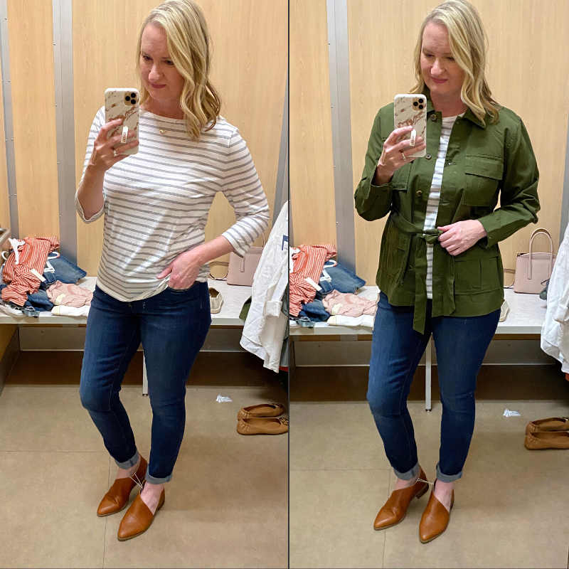 Target-Dressing-Room-Try-On-Feb-2020-striped-tee-utility-jacket-outfit