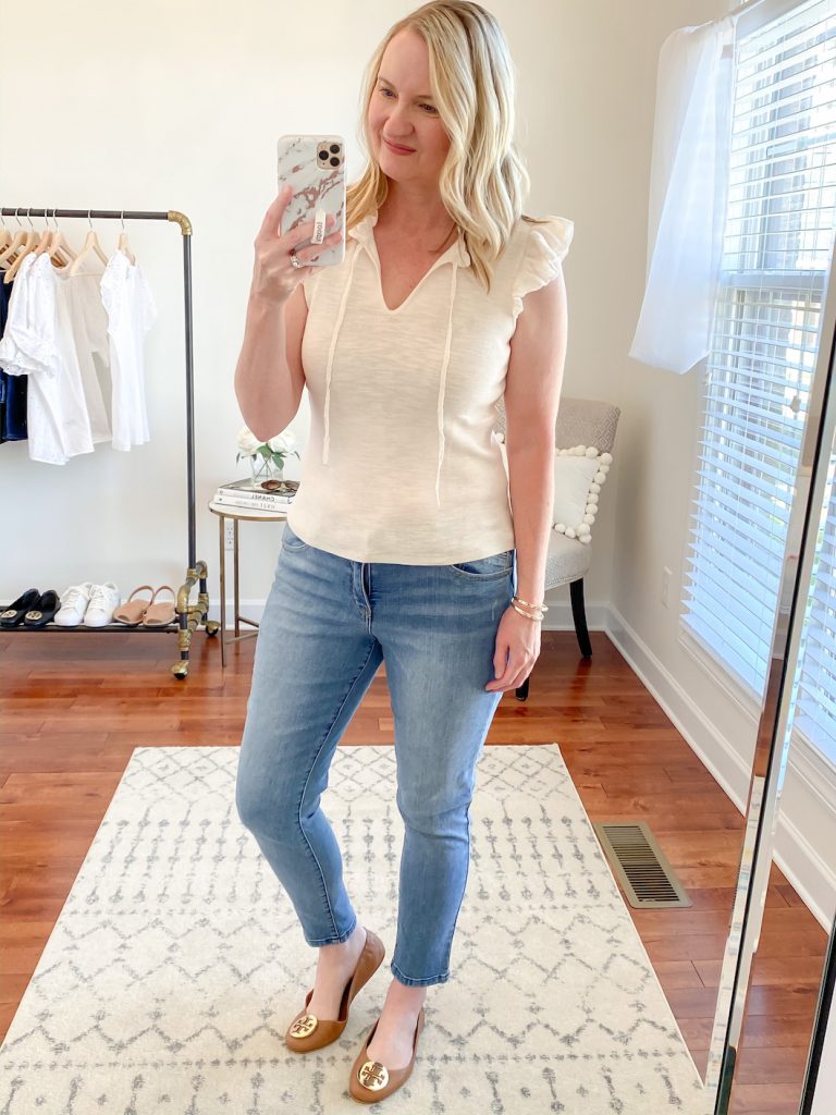 Loft-Target-Red-Dress-Boutique-Try-On-flutter-sleeve-sweater-top-light-wash-skinny-jeans