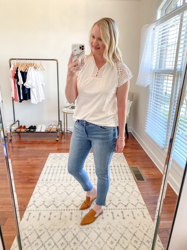 Loft-Target-Red-Dress-Boutique-Try-On-white-eyelet-top-skinny-jeans-madewell-mules