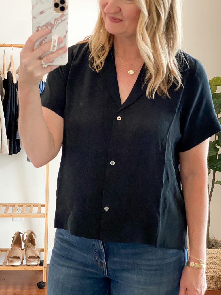 Everlane Eileen Fisher Grayson Try On Session Apr 2020 - black silk shirt closeup