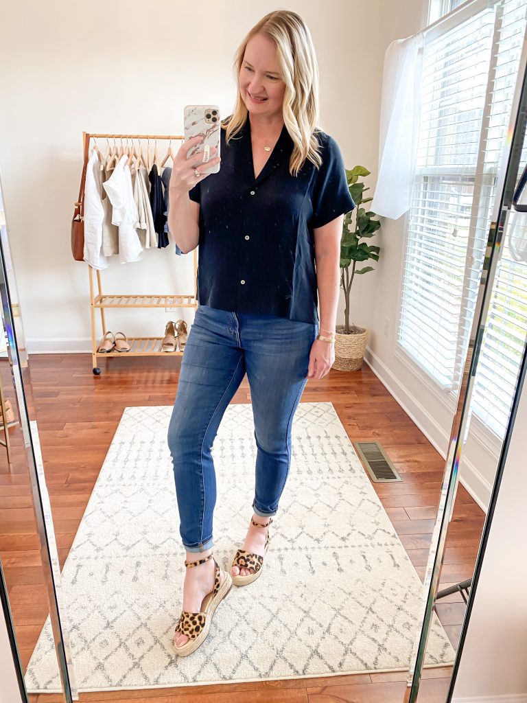 Everlane Eileen Fisher Grayson Try On Session Apr 2020 - black silk shirt skinny jeans leopard sandals