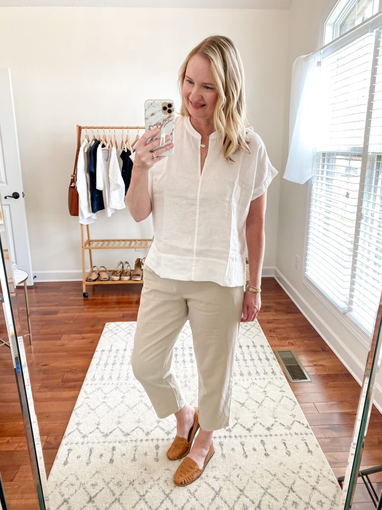 Everlane Eileen Fisher Grayson Try On Session Apr 2020 - linen split neck top linen pants