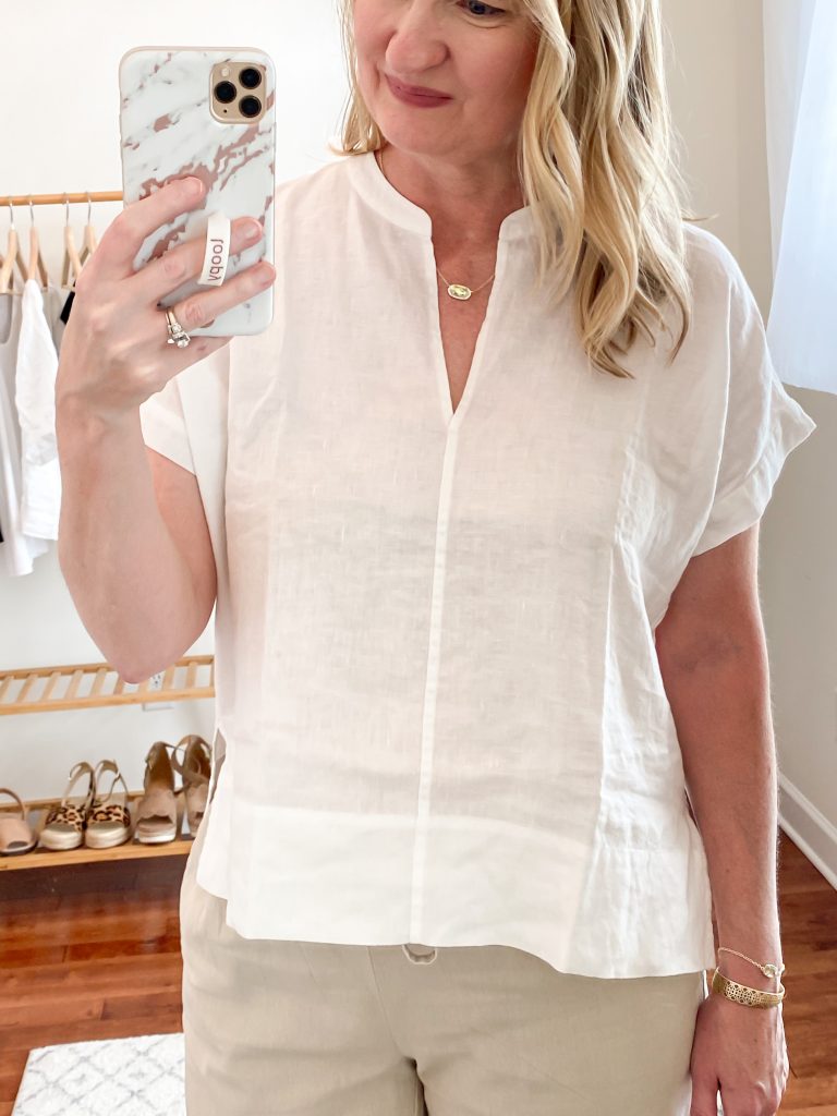 Everlane Eileen Fisher Grayson Try On Session Apr 2020 - linen split neck white top