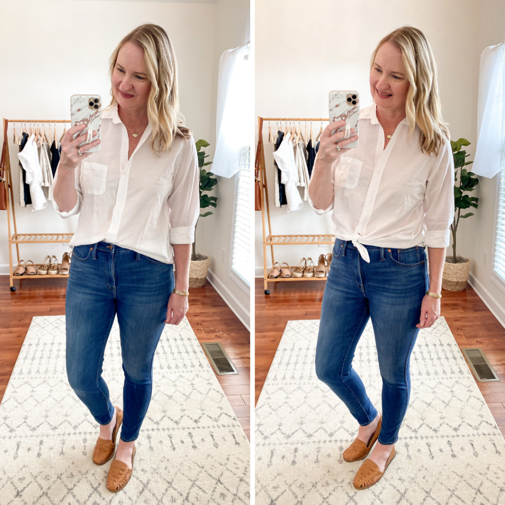 Everlane Eileen Fisher Grayson Try On Session Apr 2020 - side by side white shirt