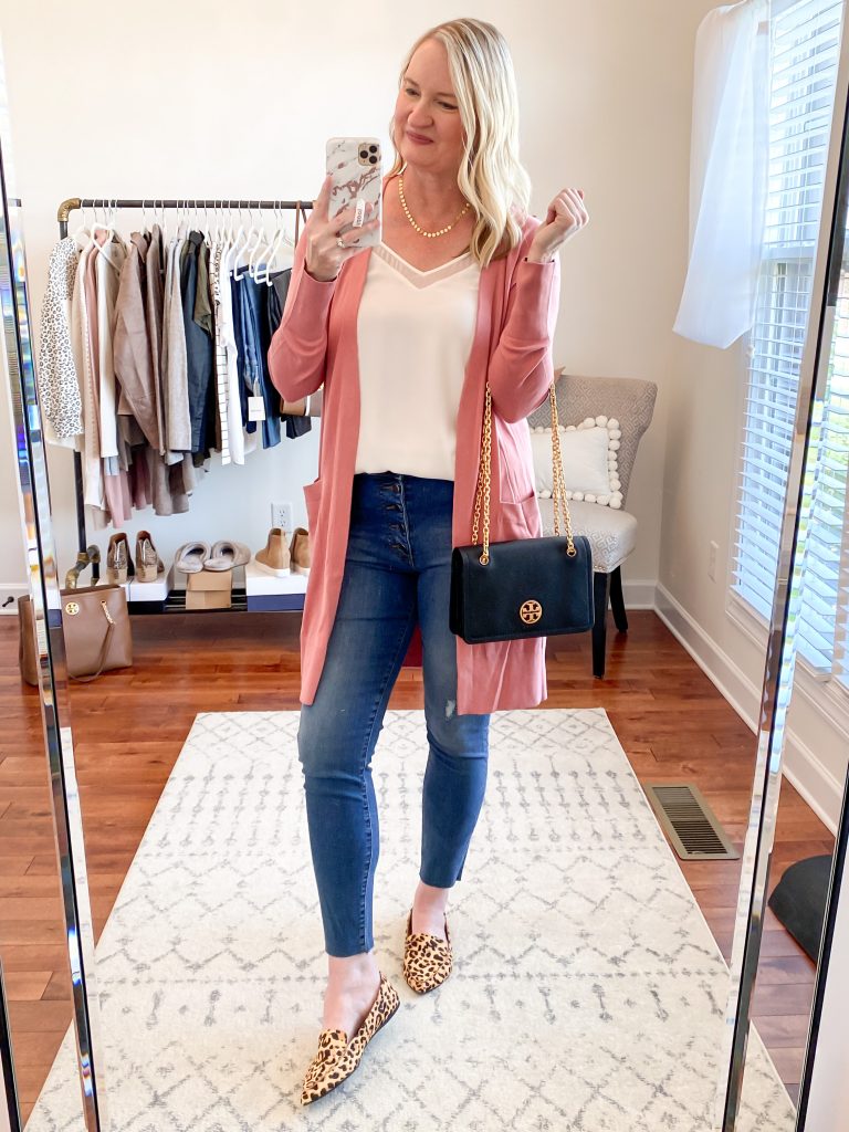 Nordstrom-Anniversary-Sale-2020-Try-On-Round-1-1-State-white-cami-Halogen-open-cardigan-pink-Kut-From-The-Kloth-skinny-jeans-Steve-Madden-leopard-loafers