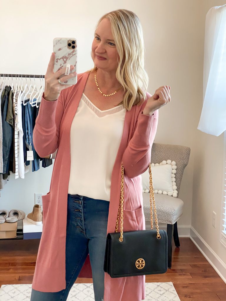 Nordstrom Anniversary Sale 2020 Try-On Round 1 - 1State white cami Halogen pink cardigan Tory Burch Carson Convertible black bag