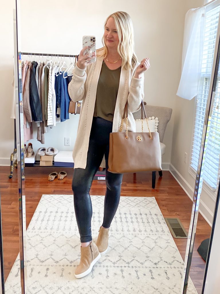 Nordstrom Anniversary Sale 2020 Try-On Round 1 - All In Favor olive tee BP oatmeal cardigan Spanx leggings Caslon wedge sneakers