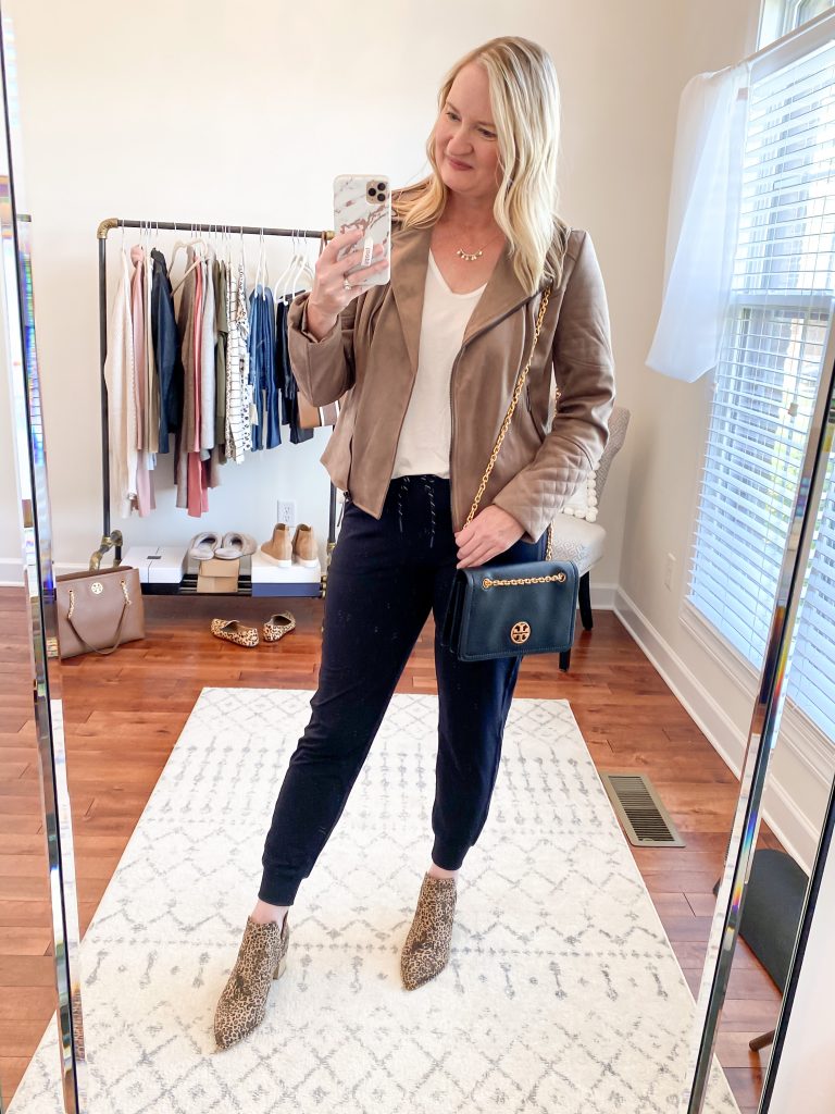 Nordstrom Anniversary Sale 2020 Try-On Round 1 - All In Favor white tee Kut From The Kloth Suede Moto Jacket Zella Jogger Pants Dolce Vita leopard booties