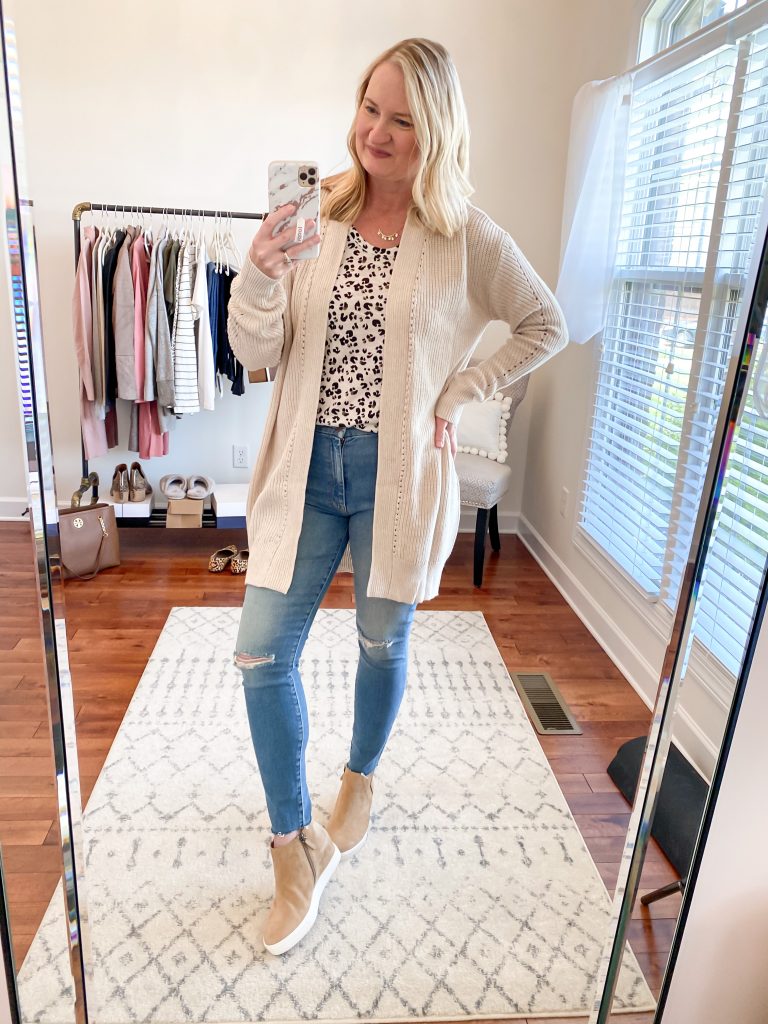 Nordstrom Anniversary Sale 2020 Try-On Round 1 - Caslon leopard tee BP oatmeal cardigan Mother jeans Caslon wedge sneakers