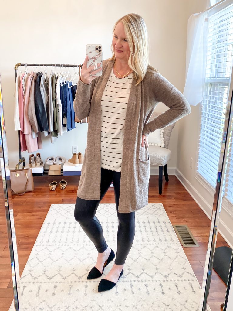 Nordstrom Anniversary Sale 2020 Try-On Round 1 - Caslon striped tee Barefoot Dreams CozyChic long cardigan Spanx leggings