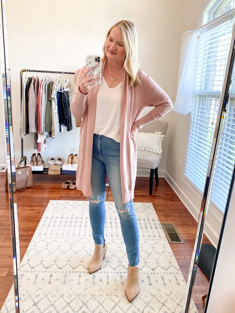 Nordstrom Anniversary Sale 2020 Try-On Round 1 - Leith Cardigan Mother Jeans All In Favor white tee Vince Camuto booties