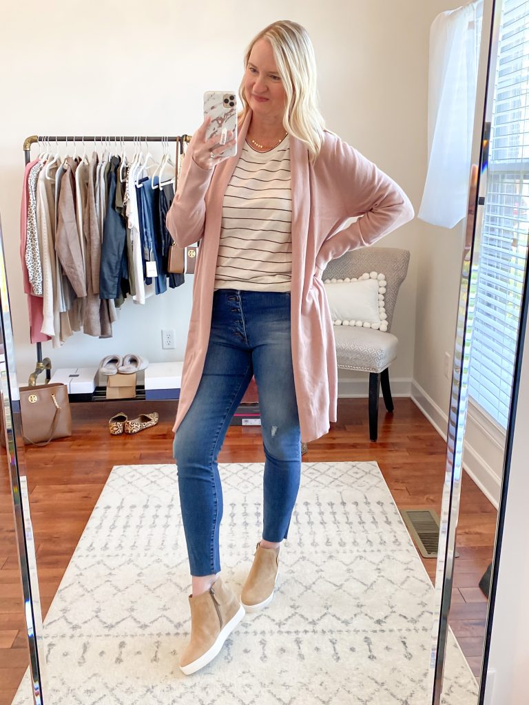 Nordstrom Anniversary Sale 2020 Try-On Round 1 - Leith pink cardigan Caslon striped tee Kut From The Cloth skinny jeans Caslon wedge sneakers