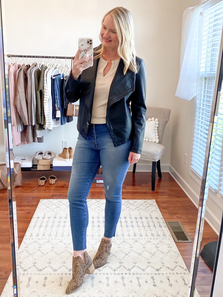 Nordstrom Anniversary Sale 2020 Try-On Round 1 - Socialite Thermal top BB Dakota black leather jacket Kut From The Kloth skinny jeans Dolce Vita leopard booties