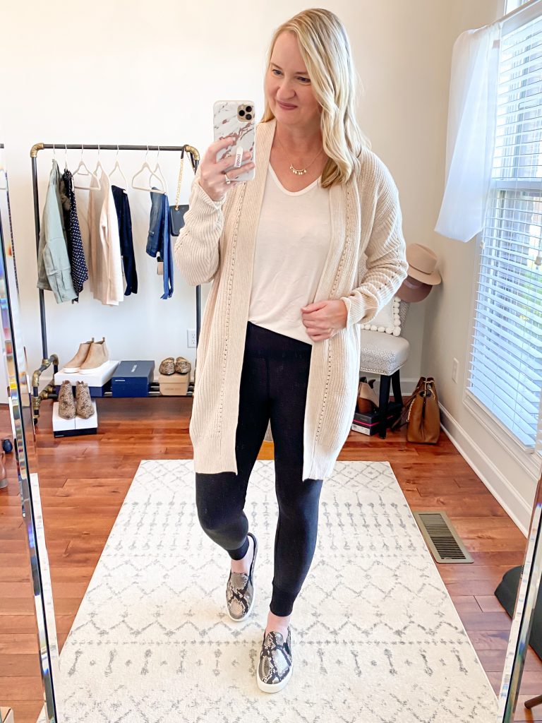 Nordstrom-Anniversary-Sale-2020-Try-On-Round-2-All-In-Favor-tee-BP-cardigan-Zella-restore-leggings-Cole-Haan-snake-sneakers