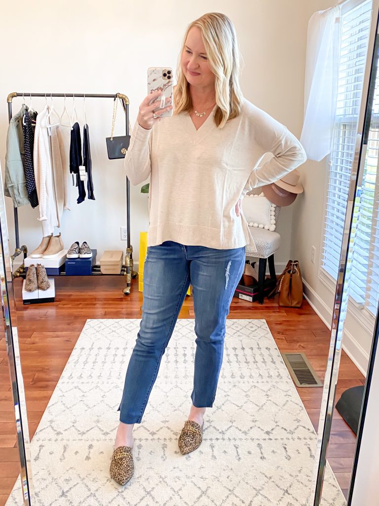 Nordstrom Anniversary Sale 2020 Try-On Round 2 - Chelsea28 sweater Wit and Wisdom straight jeans Steve Madden mules