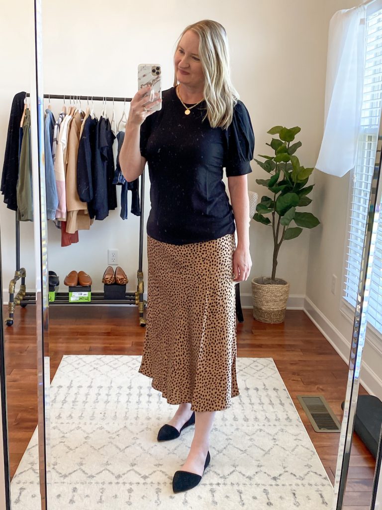 GRAYSON J CREW AMAZON TRY-ON SESSION SEPT 2020 - black puff sleeve tee leopard skirt