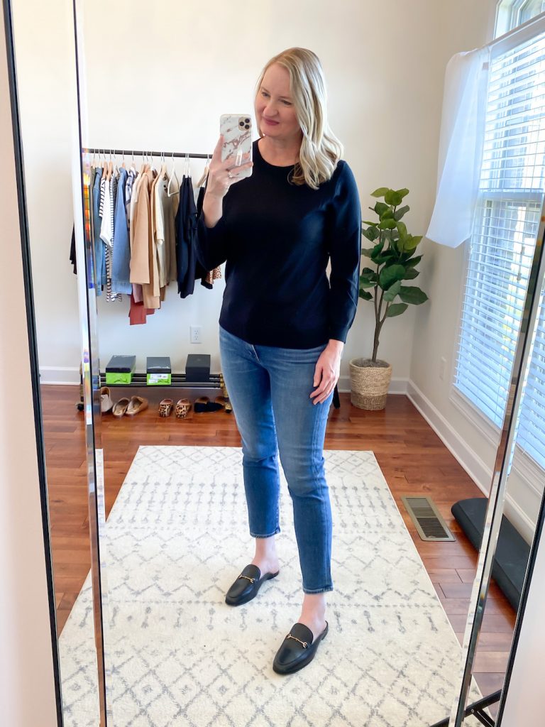GRAYSON J CREW AMAZON TRY-ON SESSION SEPT 2020 - j crew tippi sweater jeans black mules