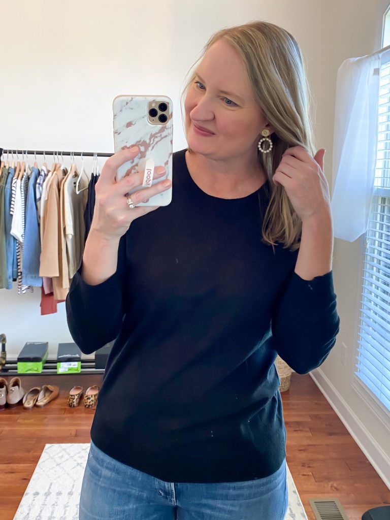 GRAYSON J CREW AMAZON TRY-ON SESSION SEPT 2020 - j crew tippi sweater pearl earrings