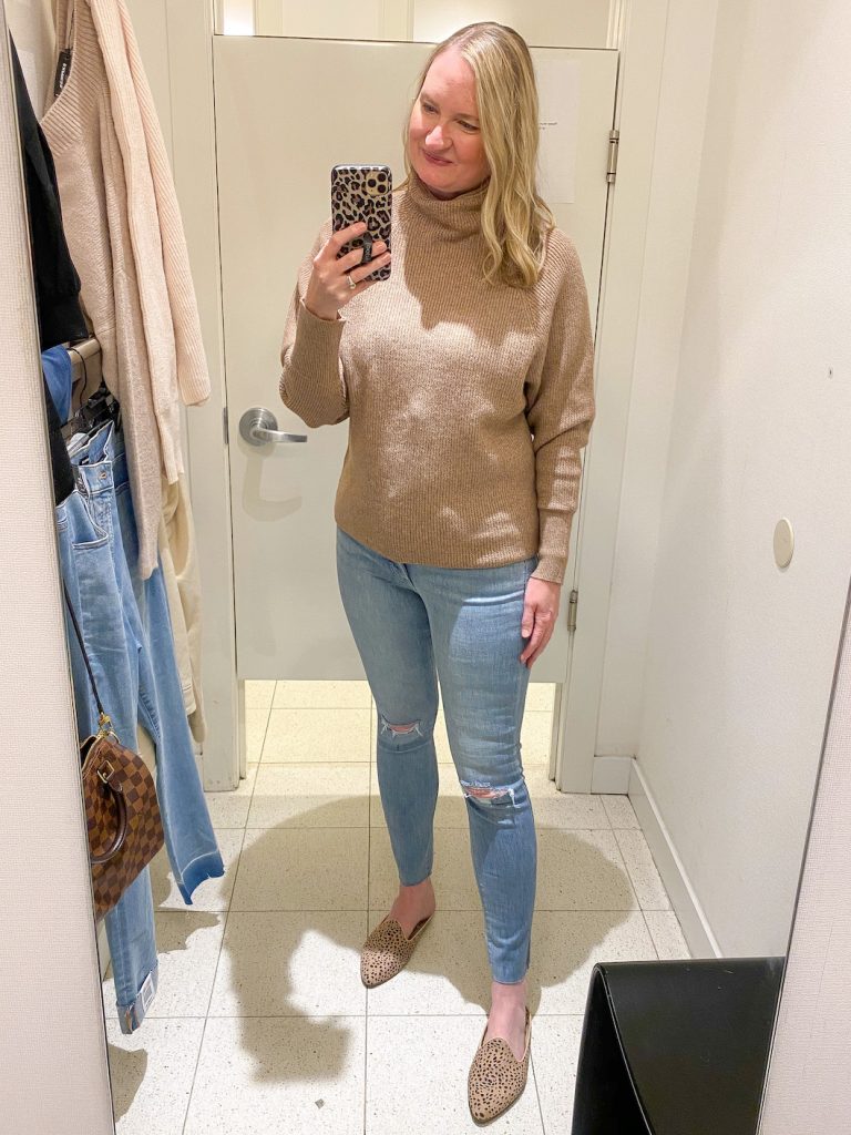 Madewell Saks Express Abercrombie Try-on Session - Mockneck Dolman Sweater Beige Raw Hem Skinny Jeans