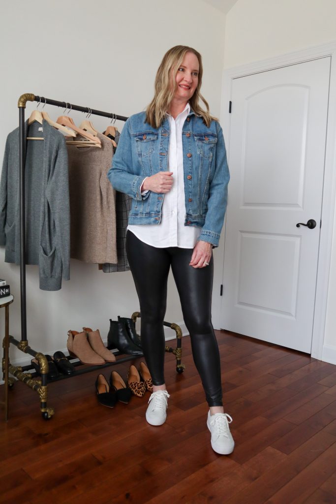 6 Ways To Wear White Shirt - Denim Jacket Faux Leather Leggings Casual Sneakers