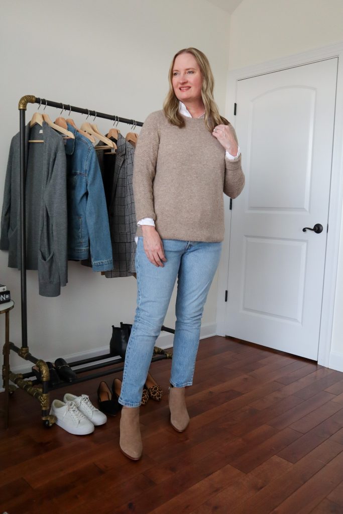 6 Ways To Wear White Shirt - Tan Sweater Levis Jeans Taupe Ankle Boots