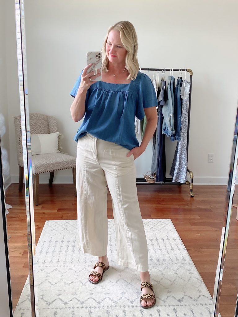 Old Navy Target Loft Try-On Apr 2021 - Loft chambray square neck top seamed pants sam edelman gala sandals