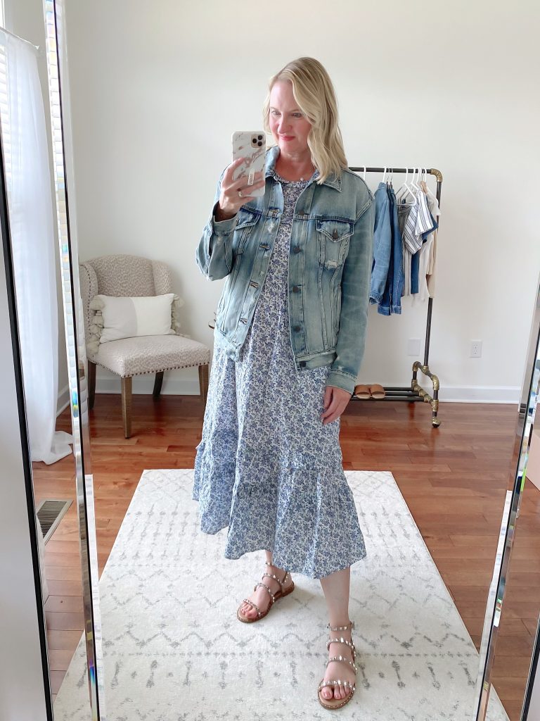 Old Navy Target Loft Try-On Apr 2021 - able merly denim jacket target floral ruffle dress steve madden stud sandals-2