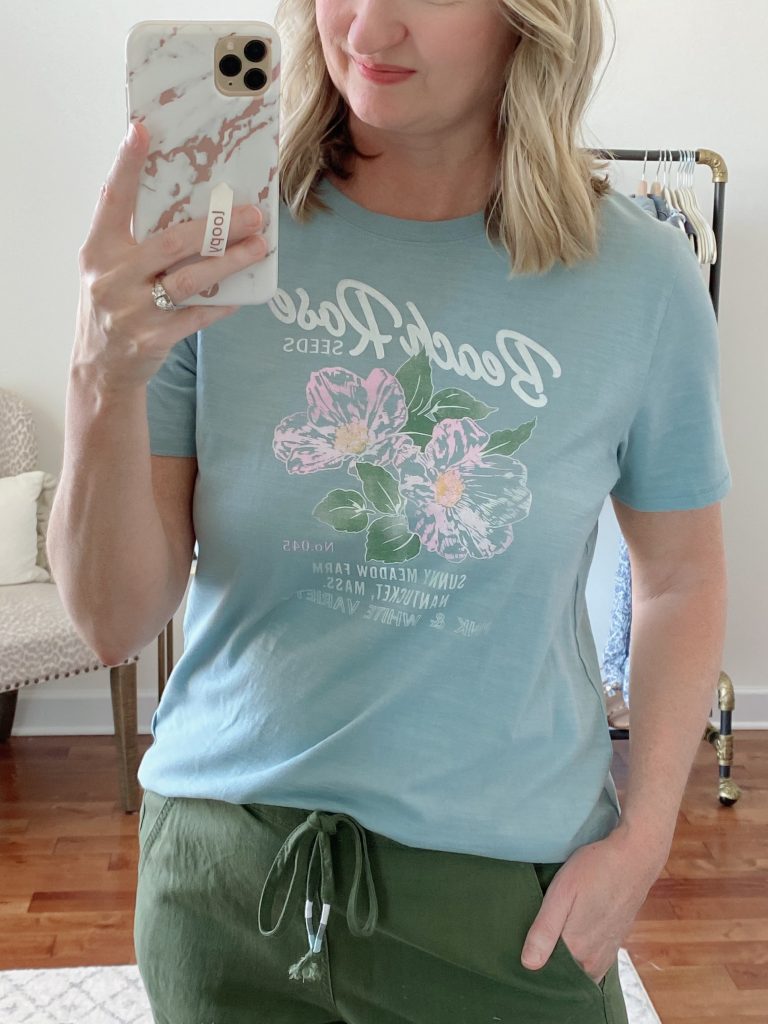 Try-On Session April 2021 Madewell J Crew - J Crew Beach Rose Tee closeup