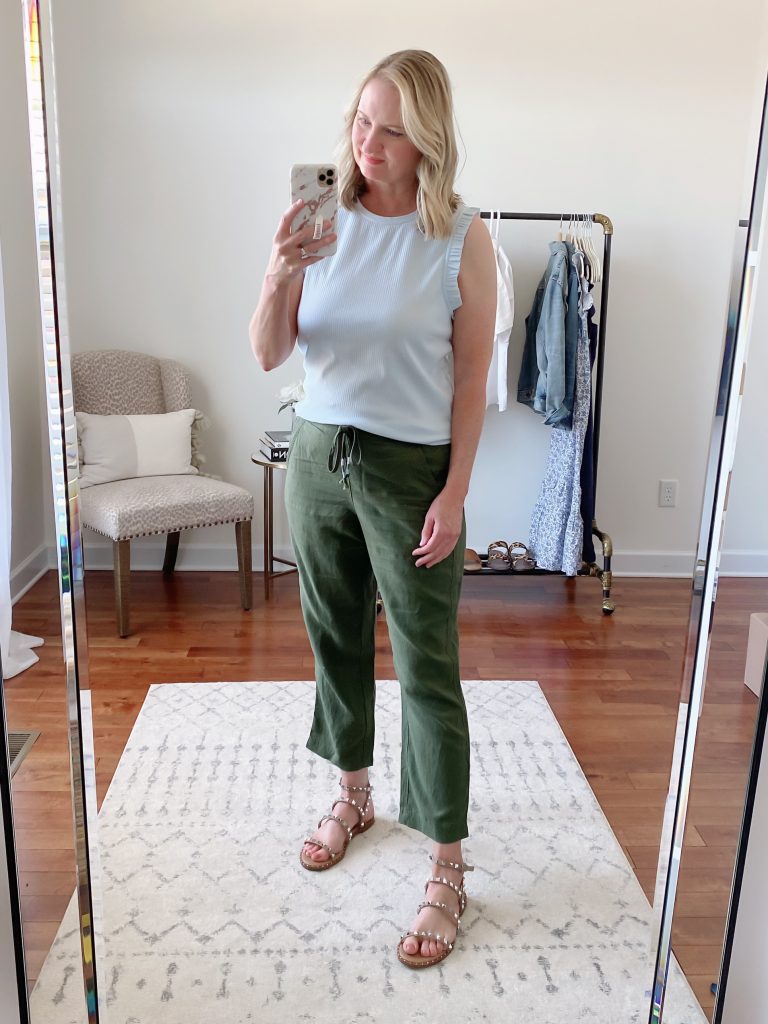 Try-On Session April 2021 Madewell J Crew - J Crew Blue Ruffle Tank Seaside Pants Steve Madden Travel Stud Sandals