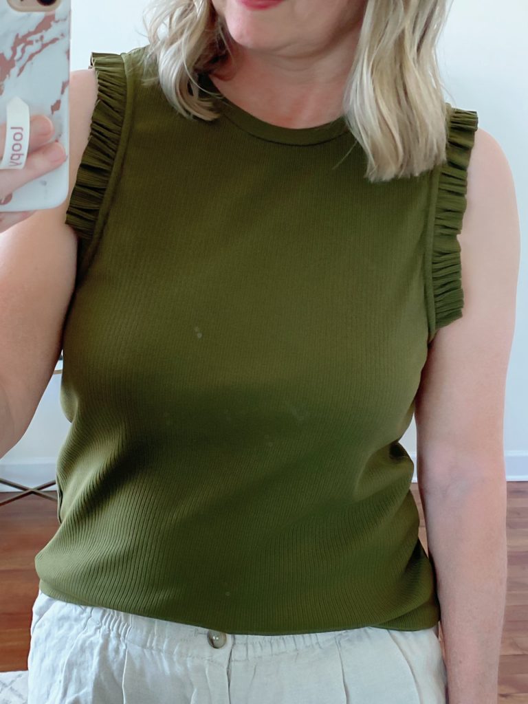 Try-On Session April 2021 Madewell J Crew - J Crew Green Ruffle Tank closeup