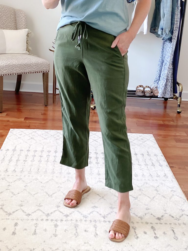 Try-On Session April 2021 Madewell J Crew - J Crew Seaside Green Pants closeup