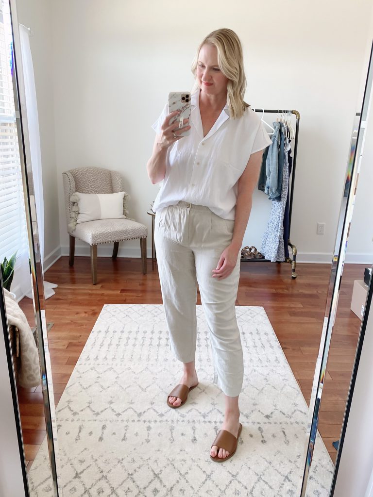 Try-On Session April 2021 Madewell J Crew - Madewell Cap Sleeve Camp Shirt Linen Track Trousers Boardwalk Slide Sandals