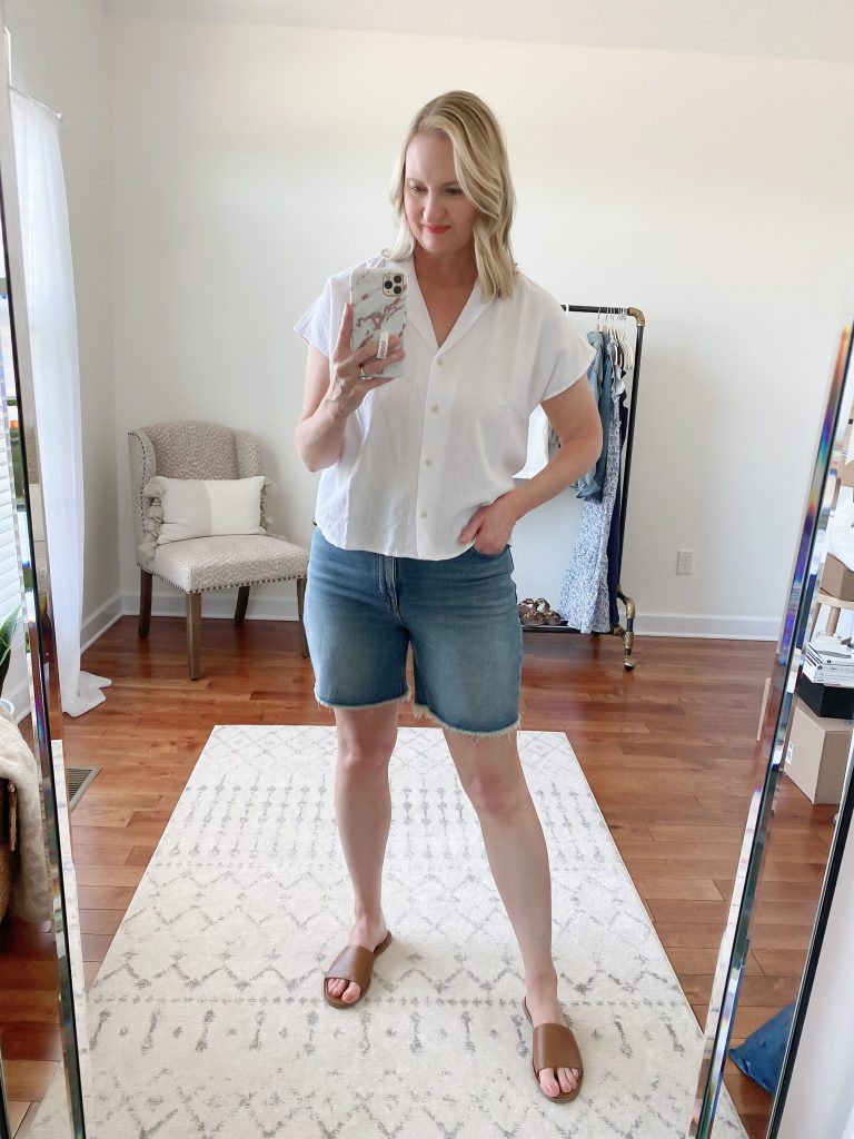 Try-On Session April 2021 Madewell J Crew - Madewell Cap Sleeve Camp Shirt Mid Length Denim Shorts Boardwalk Slide Sandals