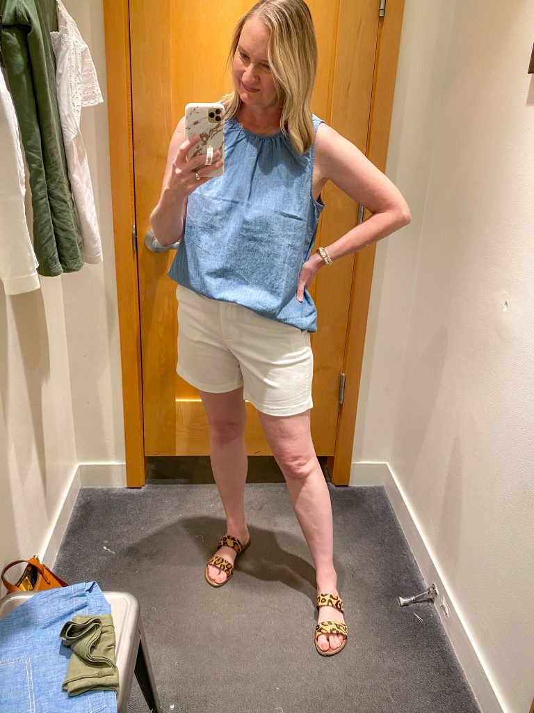 J Crew Try-On Reviews June2021 - chambray tank white shorts