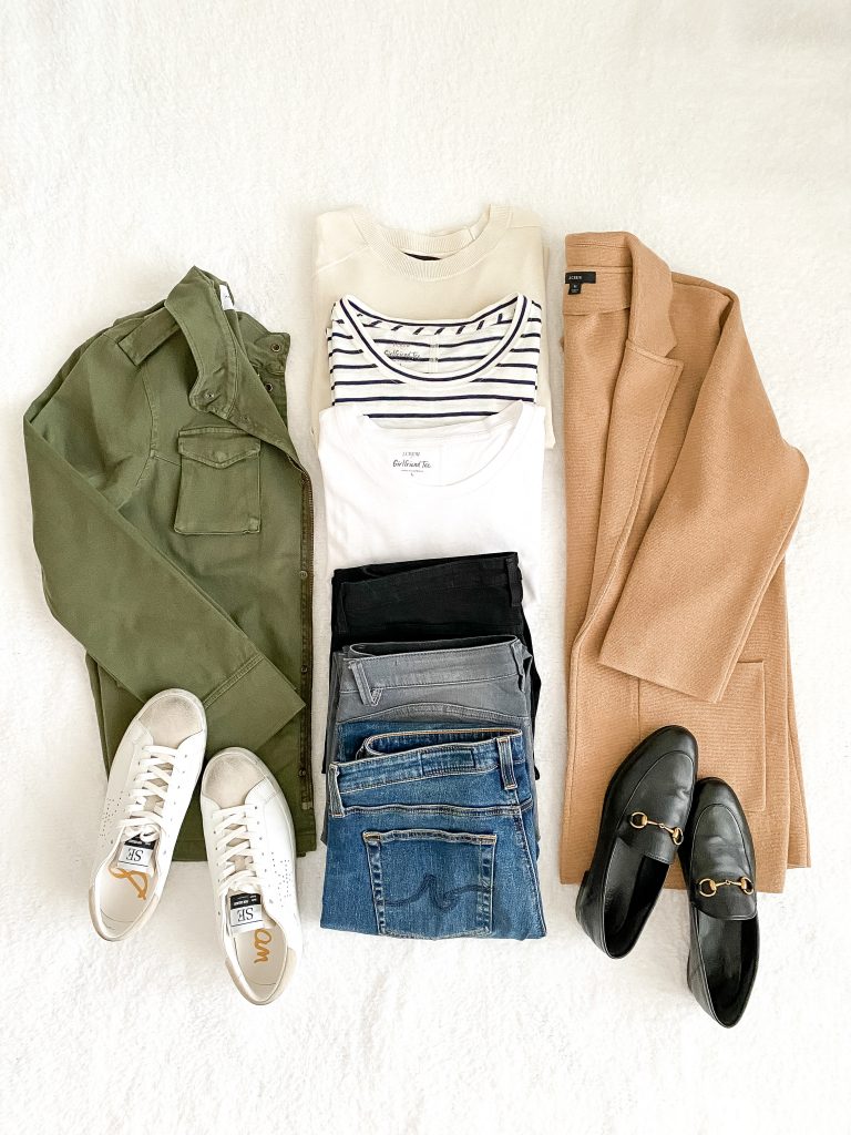 10-PIECE TRAVEL CAPSULE WARDROBE FLATLAY - tops bottoms layers shoes