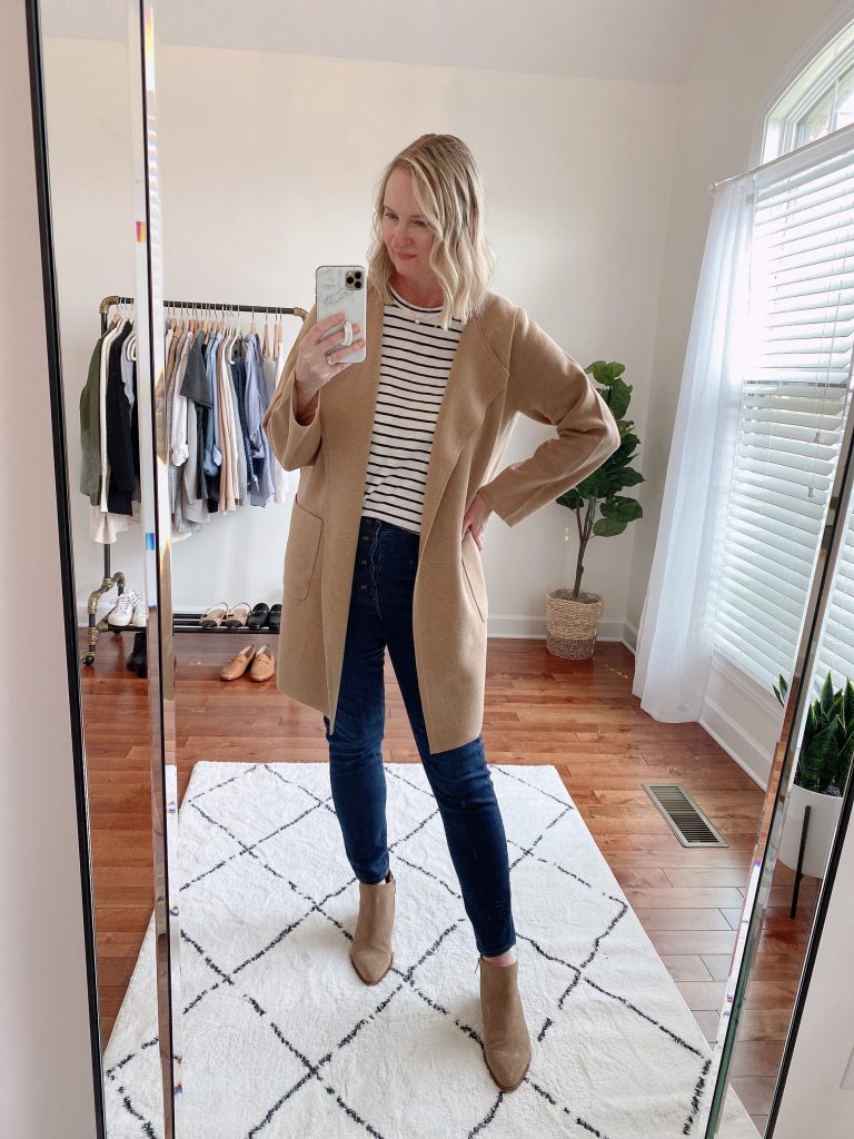 4 WAYS TO WEAR A COATIGAN - juliette sweater blazer j crew factory striped girlfriend tee dark wash jeans booties