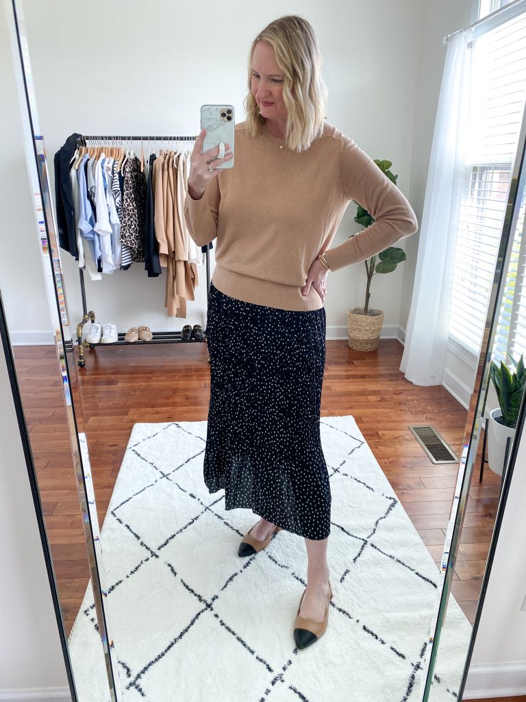 Try-On Session September 2021 - Banana Republic Silk Sweater Amazon Dot Skirt Cap Toe Flats
