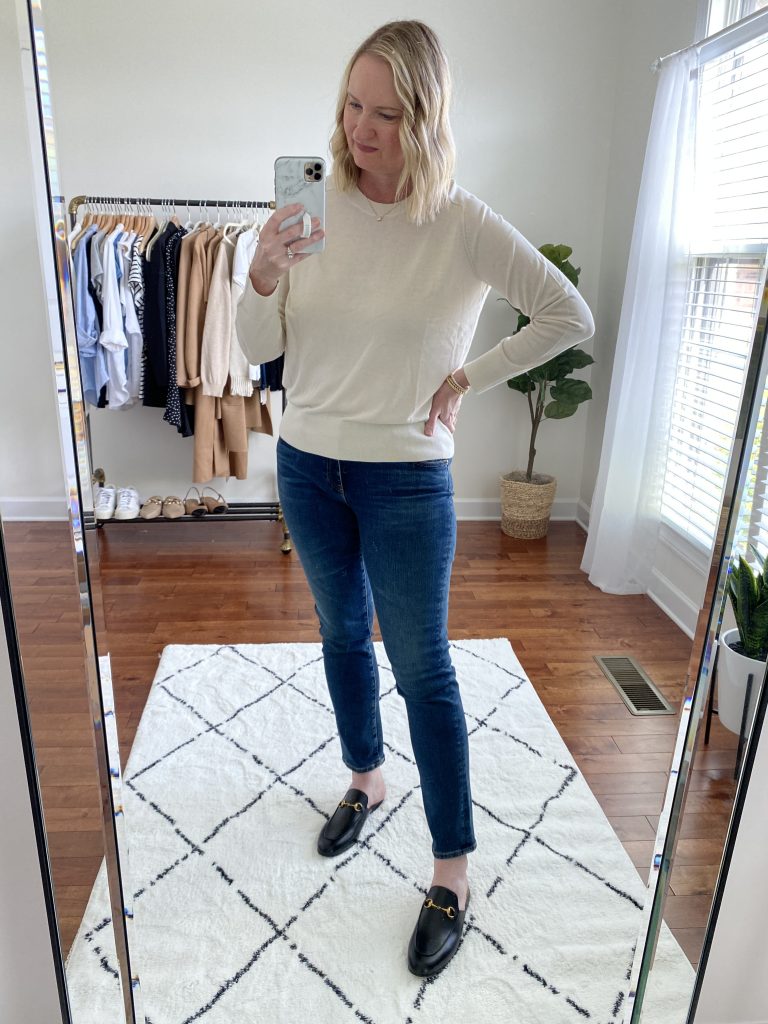 Try-On Session September 2021 - Banana Republic Sweater AG Cigarette Blue Jeans Gucci Princetown Mules