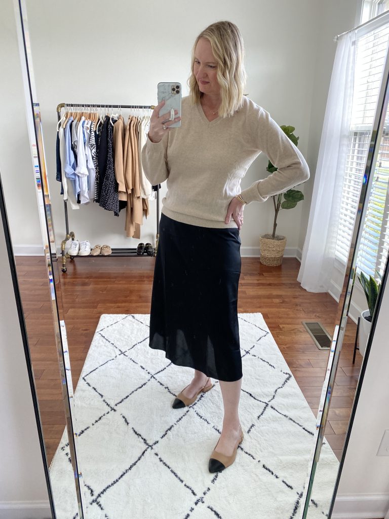 Try-On Session September 2021 - Lilysilk Sweater J Crew Slip Skirt Express Cap Toe Flats