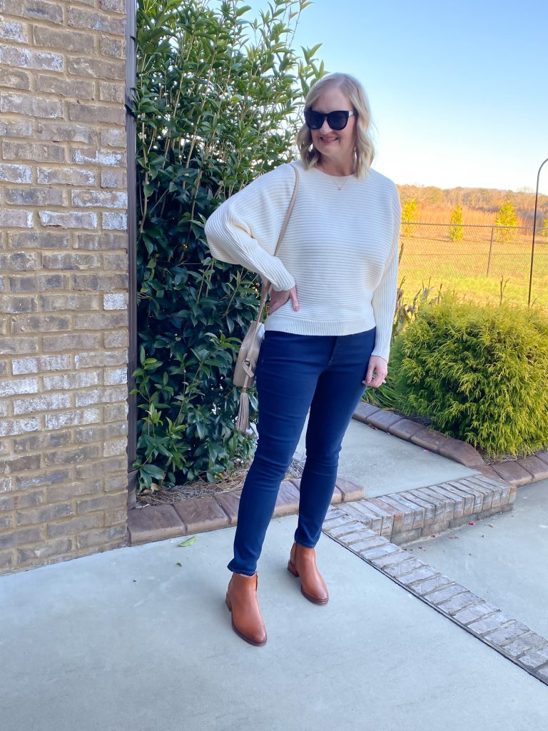 Express Nov 2021 Ribbed Dolman Sleeve Sweater Dark Wash Jeans - outfit 1