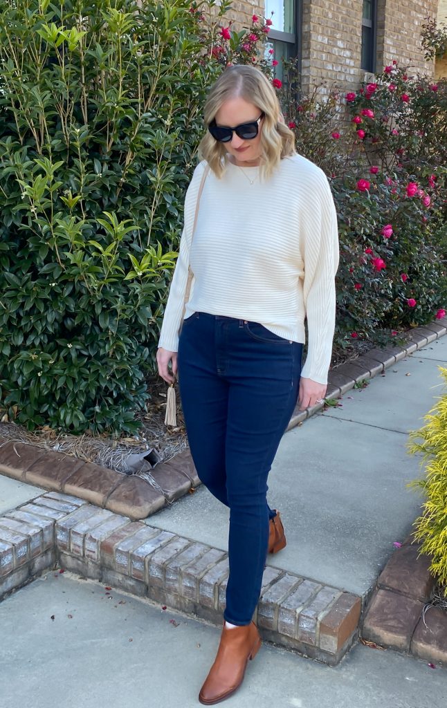 Express Nov 2021 Ribbed Dolman Sleeve Sweater Dark Wash Jeans - outfit 2