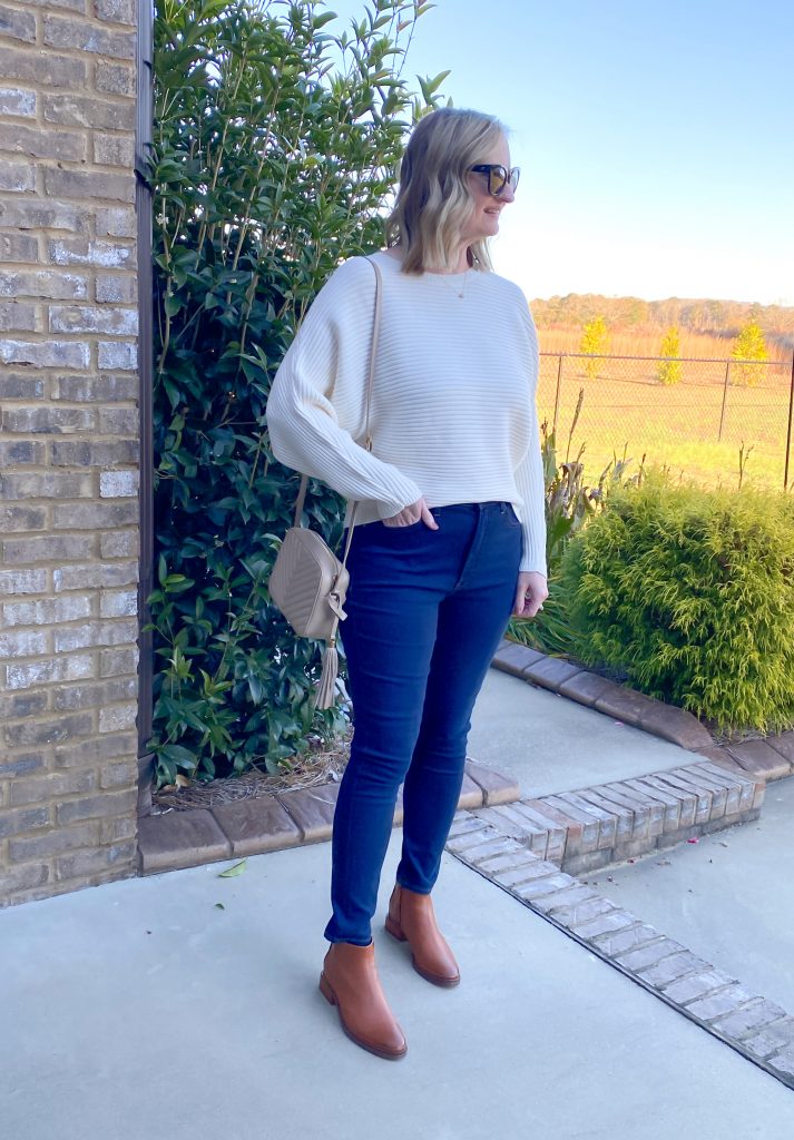 Express Nov 2021 Ribbed Dolman Sleeve Sweater Dark Wash Jeans - outfit 4